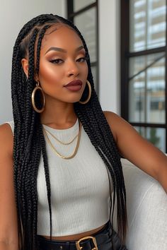 Elevate your hair game with our collection of trendy knotless box braids styles for medium long hair. Find your perfect look and turn heads wherever you go! Hairstyles For Black Women Color, Twist Braided Hairstyles, Knotless Box Braids Styles, Hairstyles For Black Women Twist, Hairstyles For Black Women Updo, Hairstyles For Black Women Quick, Box Braids Styles, Braids Medium