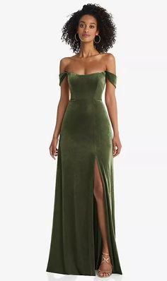 Off-the-shoulder Flounce Sleeve Velvet Maxi Bridesmaid Dress In Olive Green | The Dessy Group Olive Green Bridesmaid Dresses, Velvet Bridesmaid Dresses, Velvet Maxi, Velvet Maxi Dress, Olive Green Dresses, Green Bridesmaid, Maxi Bridesmaid Dresses, Infinity Dress, Green Bridesmaid Dresses