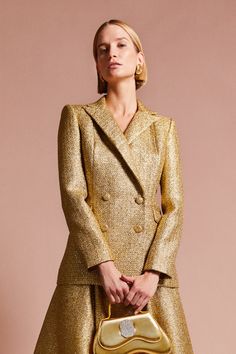 A sensational double breasted blazer made from exclusive Italian gold tweed. Part of the the Atelier Collection by Suzannah London, this piece is made to order and has a 4 week lead-time from placement of order. Wear with the coordinating Zelda Full Skirt in Gold Tweed. --- - Outer: Italian Cloth. 40% Polyamide, 28% Polyester, 23% Nylon, 9% Cotton- Lining: 100% Silk- Specialist Dry Clean Only - Made in Portugal --- - Fits true to size - Measure your bust, waist and hips against our Size Guide - Suzannah London, Portugal Fits, Tweed Outer, London Boutique, Boutique Couture, Yellow Satin, Formal Dresses Gowns, Uk Size 16, Satin Blouse