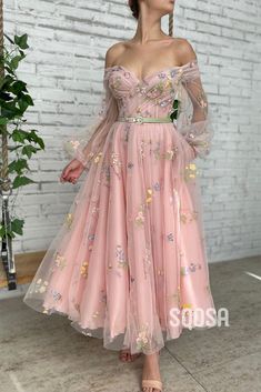 Floral Dress Wedding Guest, Midi Prom Dress, Off Shoulder Evening Dress, Prom Dresses With Pockets, Floral Wedding Dress, Pink Prom Dress, Vintage Prom, Tulle Ball Gown, Pink Prom