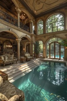 an indoor swimming pool in the middle of a large living room with lots of windows