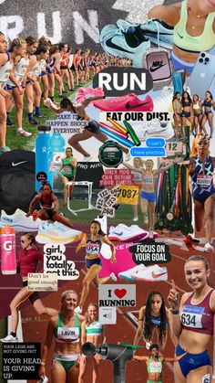 a collage of women running and other sports related items