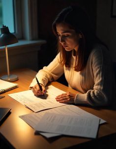 a woman sitting at a desk writing on paper