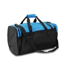 a black and blue duffel bag on a white background