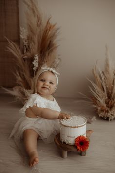 Baby eating cake during a cakesmash photoshoot in a photostudio One Year Old Cake Smash Photoshoot, Simple Cake Smash Photoshoot, Boho First Birthday Photoshoot, Cakesmash Photoshoot, Boho Cake Smash, 1 Year Pictures, 6 Month Baby Picture Ideas, Boho Photoshoot