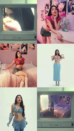 four different pictures of women in front of a tv