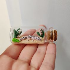 a tiny gecko in a glass bottle with sand and green leaves on the bottom