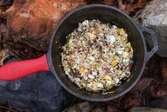 a pot filled with food sitting on top of some rocks and leaves next to a red handled spatula