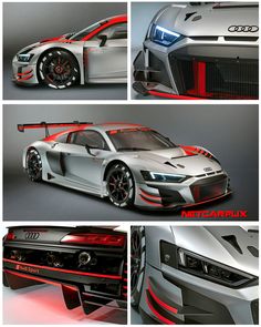 four different views of the front and side of an audi sports car with red lights