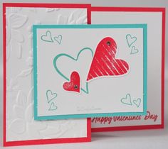 two valentine's day cards made with stamping paper and embossed hearts