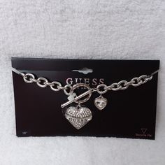 Necklace In Silver Tone, Chain Clink Style With Two Hearts In Clear Rhinestones,With A Slip In Closure By Guess. Listed On Card 18 Inch. New Without Tags, Did Not Removed From Card For Pictures. # Ad-16 Gift Chain Link Necklace With Rhinestones, Rhinestone Chain Link Necklace Gift, Rhinestone Chain Link Necklace For Gifts, Rhinestone Metal Chain Necklace Gift, Rhinestone Chain Link Jewelry, Valentine's Day Chain Link Jewelry, Necklace Combos, 2000s Stuff, Chunky Silver Necklace