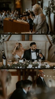 the bride and groom are toasting at their wedding reception