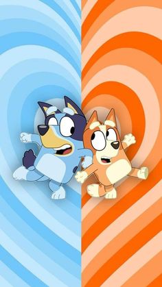 two cartoon cats standing next to each other on top of a blue and orange background