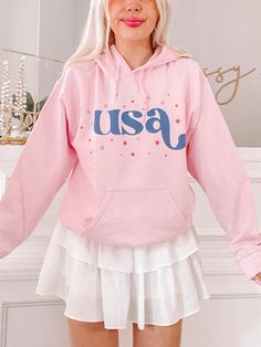 Pink USA Sparkle Patriotic Hoodie | Sassy Shortcake Boutique Pink Crew Neck Hoodie With Kangaroo Pocket, Pink Fleece Hoodie With Kangaroo Pocket, Pink Sweatshirt With Kangaroo Pocket For Spring, Pink Trendy Sweatshirt With Kangaroo Pocket, Pink Fleece Hoodie For Spring, Pink Crew Neck Top With Kangaroo Pocket, Pink Fleece Sweatshirt With Letter Print, Sassy Shortcake, Fancy Fits