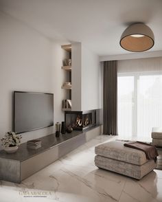 a living room with a couch, fireplace and television on the wall in front of a flat screen tv