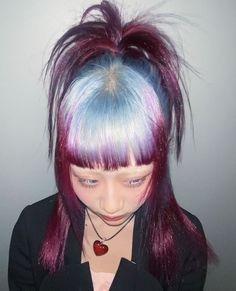 Rainbow Shine Line Hair, Turquoise And Pink Hair, Weird Hair Colors, Pink Striped Hair, Cool Dyed Hair, Oil Spill Hair, Mermaid Hair Color Ideas, Red And Blue Hair, Unique Hair Color