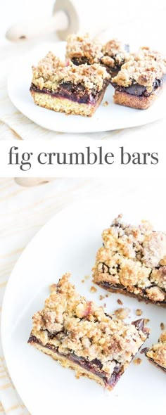 two plates with desserts on them and the words fig crumble bars