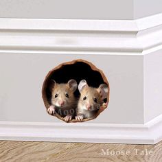 two little mice peeking out of a hole in the wall with their paws on each other