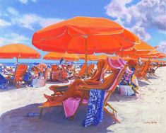 an oil painting of beach chairs and umbrellas on the sand with people sitting under them