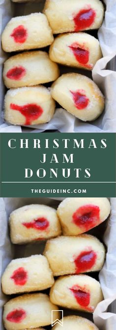 christmas baked donuts with red icing on top and the words, christmas baked donuts