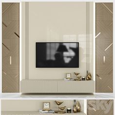 a tv mounted on the side of a wall in a living room with gold accents