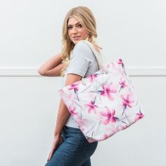 "Custom Monogrammed Extra-large Pink & White Floral Beach Tote Bag This custom personalized cotton canvas fabric tote bag is the perfect bridal party gift for your wedding day! The pink and white floral print is unique and chic, and its large proportions make it a \"tote-ally\" useful travel tote bag that will meet all your needs, such as a cheap thank-you gift for wedding party, a day at the beach, for work, or even to get groceries. This distinctive, printed cotton canvas tote bag features a s Destination Wedding Bridesmaid Gifts, Bridal Party Tote Bags, Bridal Party Totes, Large Bridal Parties, Canvas Beach Tote, Fabric Tote Bag, Fabric Tote Bags, Cotton Canvas Fabric, Embroidered Monogram