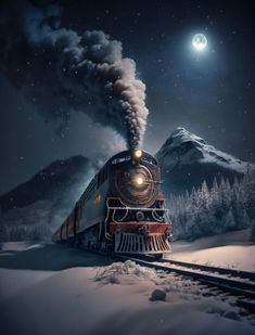 a train traveling through the snow covered mountains under a moon lit sky with stars and clouds