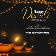 happy diwali greeting card with lit candles and flowers on dark background for diwali festival