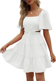 LILLUSORY Womens 2024 Summer Cutout Mini Dresses Short Sleeve Square Neck Crossover Waist Dress Gradution Dress, Short Mini Dresses, Dress Summer Casual, Womens Beach Dresses, Crossover Dress, Long Sleeve Ruffle Dress, Flowy Midi Dress, Sweater Dress Oversized, Strapless Midi Dress