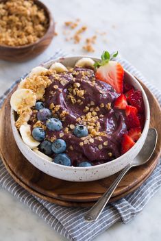 a bowl filled with fruit and granola on top of a wooden plate next to a spoon