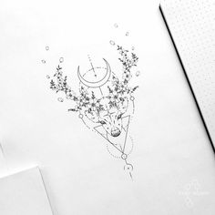 a drawing of flowers and a crescent on paper