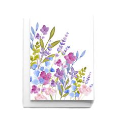 a card with watercolor flowers and leaves on the front, in pink, purple and blue