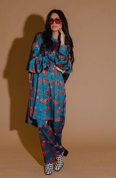 Prints On Prints Outfit, Relaxed Fit Graphic Print Loungewear Sets, Playful Character Print Long Sleeve Sets, Luxury Silk Sets With Vibrant Print, Playful Printed Loungewear Set, Plus Size Pant Suits, Playful Printed Sleep Sets, Satin Playsuit, Flowy Wide Leg Pants