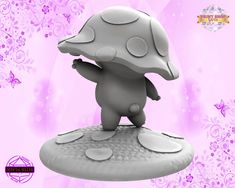 a mushroom figurine is standing on top of a table with purple flowers in the background