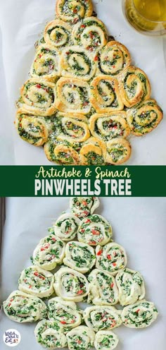 spinach and spinach pinwheels are arranged on top of each other in the shape of a christmas tree