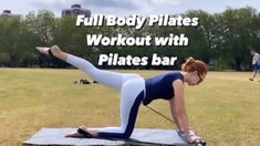 a woman is doing an exercise on a mat with the words full body plates workout with pilates bar