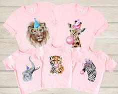 three children's t - shirts with animals on them and one wearing a party hat