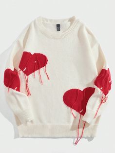 Men's Casual Pullover Sweater With Heart Pattern Round Neckline, School White Casual  Long Sleeve Knitwear Heart Pullovers Non-Stretch  Men Clothing, size features are:Bust: ,Length: ,Sleeve Length: Heart Outfit Men, Love Core Outfits Male, Valentines Day Outfits Men, Preppy Heart, Tassel Sweater, Casual Pullover Sweater, Street Life, Crewneck Design, Hooded Shirt