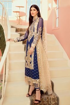 Latest Chiffon Party Dress in Blue Color in Stylish design embellished with elegant design embroidery and looking so classy. Latest Chiffon Party Dress available with fast Delivery in USA. Chiffon Party Dress, Clothing Studio, Indian Designer Suits, Chiffon Collection, Embroidered Chiffon, Embroidered Organza, Designer Party Wear Dresses, Designer Dresses Casual, Pakistani Bridal Wear