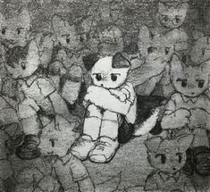 a black and white drawing of a teddy bear surrounded by other stuffed animals with their arms crossed