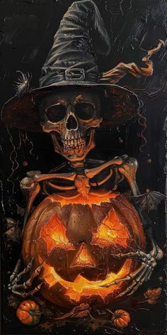 a painting of a skeleton wearing a witches hat and holding a pumpkin