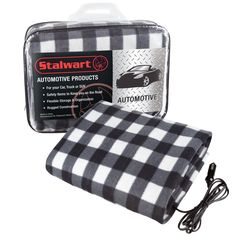 a black and white checkered blanket with an electric cord