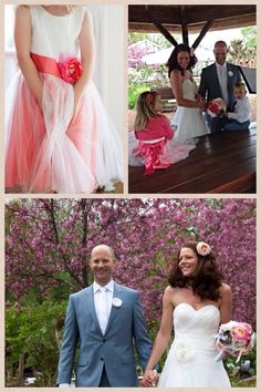 four different pictures of people in wedding dresses