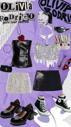 a collage of shoes and accessories on a purple background with the words ellivia rodigo