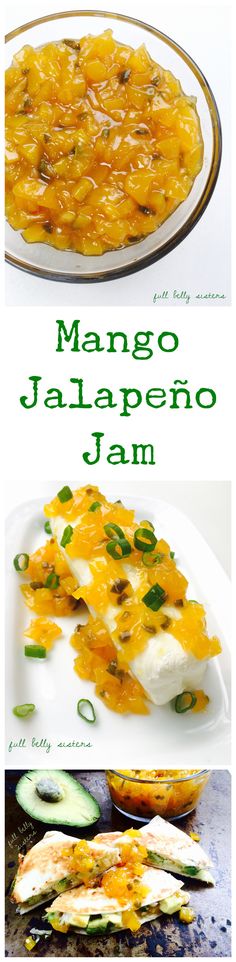 mango jalapeno jam with cucumbers on the side and in front