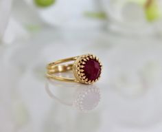 Valentine's Day Sale delicate ruby ring by AnemoneJewelry Elegant Adjustable Gold Ruby Ring, Adjustable Yellow Gold Ruby Ring For Wedding, Gold Ruby Ring With Halo Design, Gold Ruby Ring With Halo Design And Round Cut, Precious Stones Rings, Ring Ideas, Jade Ring, Jade Jewelry, Fabulous Jewelry