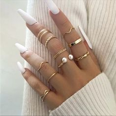 Make A Bold Fashion Statement With This 10-Piece Ring Set. Wear Just A Few Or All Of The Pieces Together To Create A Look That’s All Your Own. Hollow Ring, Gold Color Ring, Geometric Heart, Bezel Set Ring, Geometric Ring, Gold Ring Sets, Matching Rings, Pearl Chain, Types Of Rings