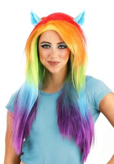 PRICES MAY VARY. Size: Standard 100% polyester synthetic hair Mesh wig cap has elastic edge for snug fit Styled w/ side part & long waves Each ear is attached to a metal alligator clip How about sporting the same kind of style as everyone's favorite sporty hero!? With this officially licensed Rainbow Dash Wig, you can make your My Little Pony costume dreams come true. This wig is a mesh cap with vivid synthetic fibers that are inspired by your favorite loyal Pony. Blue plastic ears clip to the t Rainbow Dash Hair, My Little Pony Tattoo, My Little Pony Rainbow Dash, Fun Costumes, Rainbow Wig, My Little Pony Costume, Wig Costume, Rainbow Hair Color, Sitting Poses