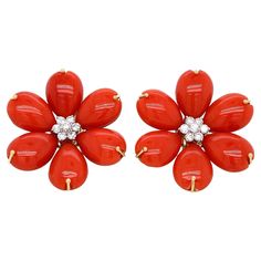 Coral diamond gold flower earrings; marked 750, 798 NA Petals of corals, round-cut diamonds of approximately 1 carat, 18 karat yellow gold; marked 750 Size: width 1.25 inch, length 1.38 inch Total weight: 28.7 grams Gold Flower Earrings, Earrings For Sale, Diamond Gold, Gold Flower, Gold Flowers, 1 Carat, Round Cut Diamond, Flower Earrings, Jewelry Earrings Studs