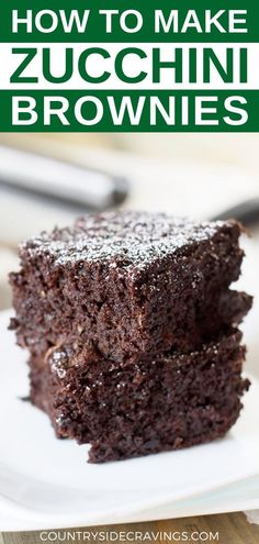 two pieces of chocolate zucchini brownies on a white plate with text overlay